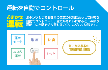 【運転を自動でコントロール】おまかせ運転・ボタンひとつでお部屋の空気の状態に合わせて運転を自動でコントロール。空気がきれいになると「みはり運転」に自動で切り替わるので、ムダなく快適です。